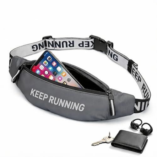 Slim Running Waist Pack for Women Men, Large Capacity Waist Belt with Organized Compartments, No-Bounce Secure Fit for Cycling, Hiking, Climbing Adventure & Reflective Safety Night Running-Gery