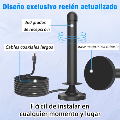 Antena TDT Interior con Amplificador, Antena portatil TV HD 2026, Antena TV Interior 360° Omnidireccional, Canales Locales Sin Suscripción, Antena TDT Interior Cable 9.8ft, Base Magnética - imagen 6