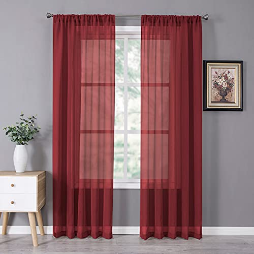 Tollpiz Sheer Curtains Bedroom Linen Textured Curtain Sheers Light Filtering Voile Rod Pocket Curtains for Living Room, 38 x 84 inches Long, Burgundy Red, Set of 2 Panels