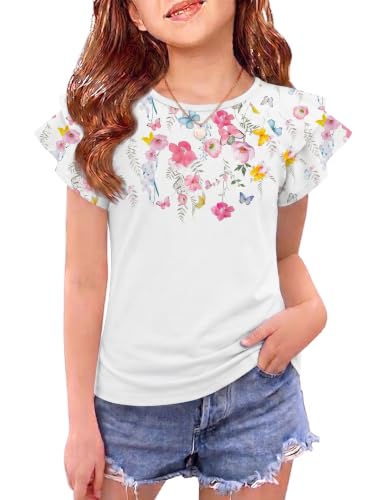 Image of Girls T Shirts Ruffle Short Sleeve Round Neck Loose Blouse Summer Solid Color Casual Girl Tee Tops for 3-12 Years
