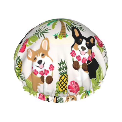 Gorro de ducha de doble capa con estampado de flores tropicales y corgi, reutilizable, ligero, suave y ajustable para mujeres y hombres