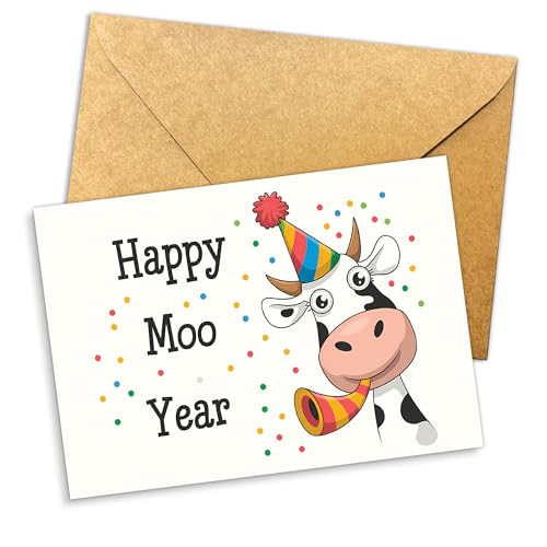 Podagree Happy Moo Year�J�[�h �ʔ������f�U�C�� ���킢���_��̓��� �x�� �F�l�ւ̈��A �Ƒ� �����D�� �_�� �q�� ���[�����X�ȐV�N 2026�N�J�[�h 5.3�C���` x 8�C���` �����t��