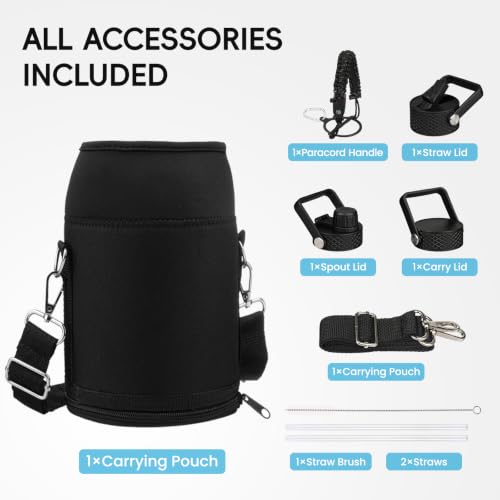 Image of Konokyo Half Gallon Insulated Water Bottle with Straw,64 oz 3 Lids Water Jug with Carrying Bag,Paracord Handle,Double Wall Vacuum Stainless Steel Metal Flask,Black