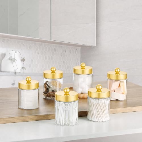 Amolliar Qtip Holder Dispenser - 8 oz Plastic Apothecary Jar Containers for Vanity Makeup Countertop Organizer Storage -Bathroom Canister Accessories Set for Cotton Swab, Ball, Pads, Floss-Gold (6) by Amolliar - Image 5