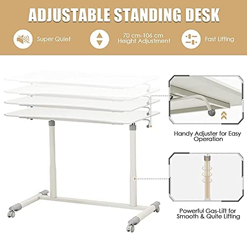 COSTWAY Height Adjustable Computer Desk, Mobile Sit to Stand Up Desk with Wheels, 95 x 52cm Desktop, Home Office Ergonomic Lifting PC Laptop Table Study Writing Workstation (White)