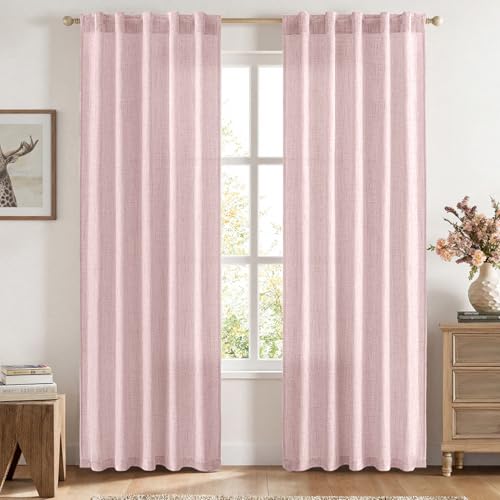 MIULEE Faux Linen Curtains 84 Inch Length 2 Panels Natural Light Pink Semi Sheer Curtain with Back Tab Rod Pocket, Light Filtering Window Privacy Burlap Drapes for Living Room Bedroom 42W x 84L