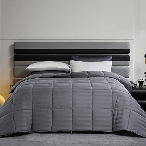 Hombys Summer Cooling Comforter Queen Size,100% Viscose From Bamboo Bed Comforter, Silky Soft Lightweight Down Alternative Comforter, Grey Striped Breathable Bedding Duvet Insert For Hot Sleeper #TOP2
