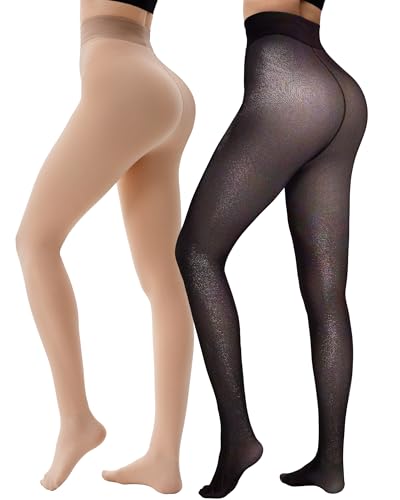 Image of HONGTEYA 2 Pairs Fleece Lined Tights Women - Warm Sheer Pantyhose Fake Translucent Tights Winter Thermal Leggings