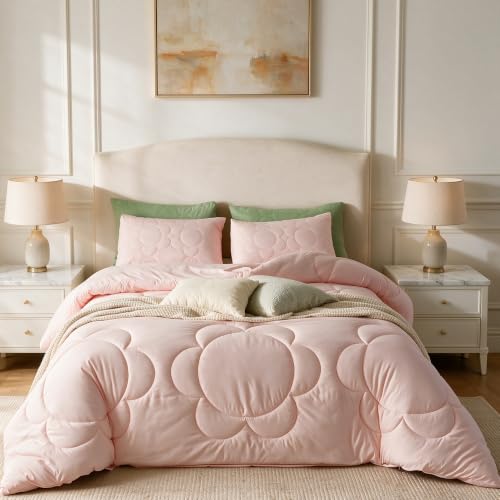 CLOTHKNOW Pink Blush Full Size Comforter Set Daisy Puff Bedding Sets 3-Pieces Soft All Season Comforter with 2 x Pillowcases
