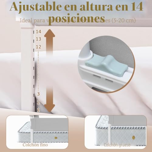 Miniatura 4 de Fiqops 200 Cm X 2 180 Cm X 1 Barandilla De Cama Plegable, Protección Contra Caídas Para Cama Infantil, Altura Regulable 72-86 Cm, Con Correa Para Camas Auxiliares Y Cunas, Color Gris