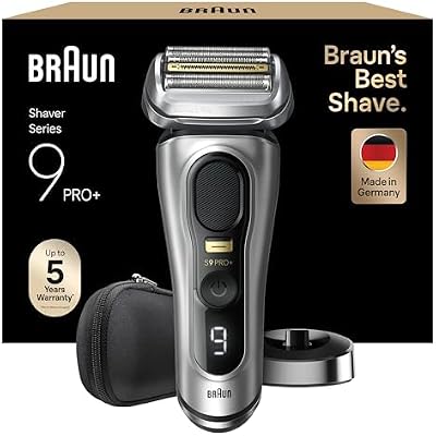 Braun Series 9 Pro+ Afeitadora Eléctrica Hombre, Máquina de Afeitar Barba Con Base De Carga y Funda De Viaje, En Seco Y En Mojado, 60 Min De Autonomía, 9517s, Plata