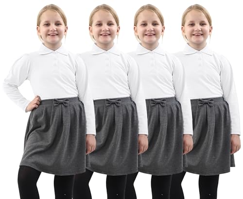GW CLASSY OUTFIT Pack of 4 Girls Long Sleeves Uniform Polo School Shirts Kids T Shirts Uniform Polo PE Tops UK Size (7-8 Years, 4X White)