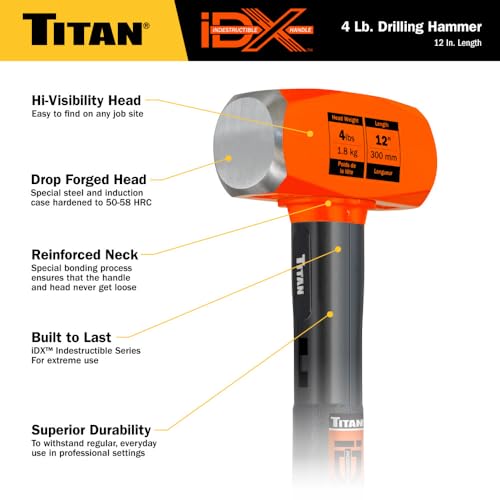 Image of Titan iDX 63614 4lb Drilling Hammer, Sledgehammer with 12 inch Indestructible Handle Reinforced with Steel Locking Plates & Steel Bars, Vulcanized Rubber Grip, Overstrike Protection