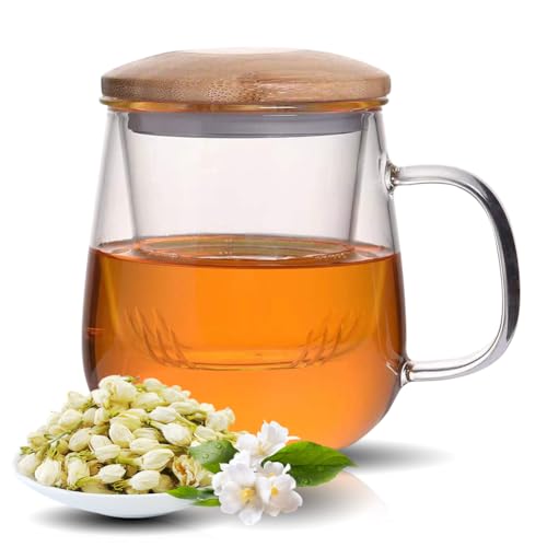 DASIAUTOEM 420ml Doppelwandige Teetasse Mit Griff - All-in-One-Teeglas Hitzebest&auml;ndig F&uuml;r Lose Blatt Tee, Cappuccino, Eiskaffee