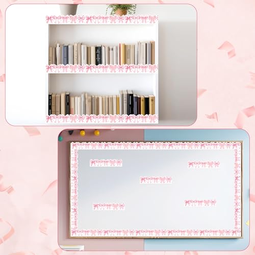 Image of BeYumi Pink Bows Border Trim - 65ft Back to School Watercolor Pink Bow Coquette Rolled Border Trim Pastel Watercolor Bulletin Board Classroom Office Chalkboard Kindergarten Elementary Home Party Decor