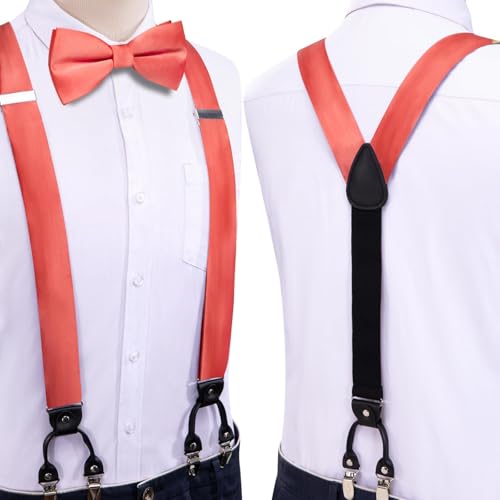 Image of Hi-Tie Men Suspender Bowtie Set Suspenders Pre-tied Bow Tie Pocket Square Cufflinks Adjustable Y Shape 6 Clips Braces Tuxedo