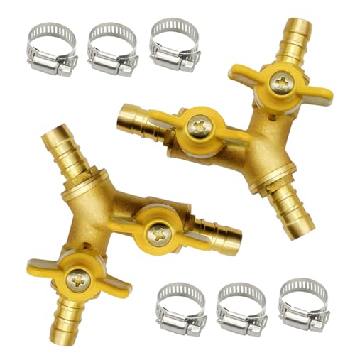 BesNPT 3/8\" Hose Barb valve, Brass 3 Way Shut Off Valve Y Shaped 2 Switch Ball Valve (Pack of 2)