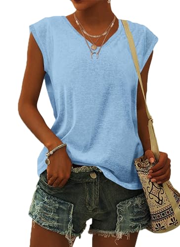 WNEEDU Women Tops Summer T-Shirts for Women UK V Neck Cap Sleeve Ladies Summer Tank Tops Blouses Sky Blue XL