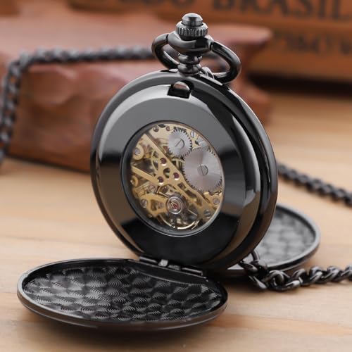 Image of Men's Mechanical Pocket Watch Black Rudder Pattern Double Open Hollow Roman Numerals Pocket Watch