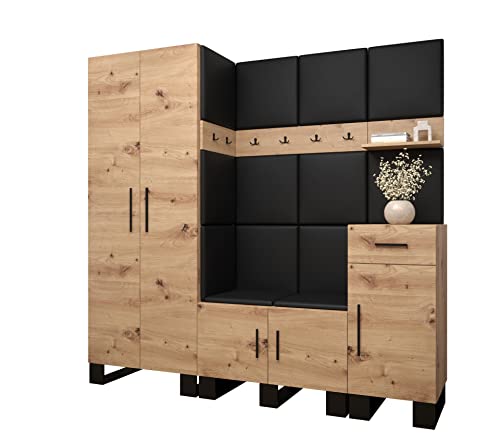 MEBLE KRYSPOL Garderobe Artin Set 1 mit gepolsterten Paneelen Industriell Design (Artisan Eiche + schwarzes Öko-Leder)