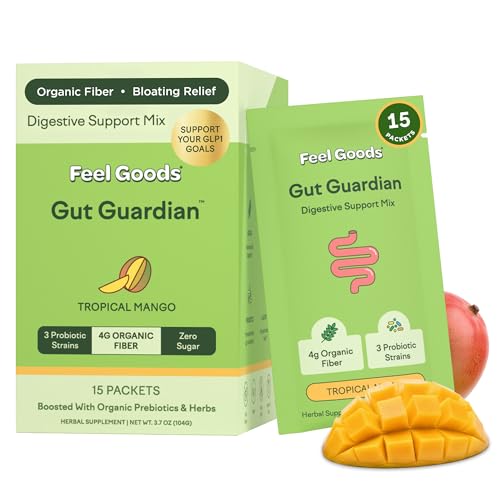 Feel Goods Gut Guardian, Gut Health Powder Packets - Probiotic Fiber Powder with Prebiotics & L Glutamine for Digestive Health, Bloating Relief & Digestion Support - Zero Sugar & Organic Flavor