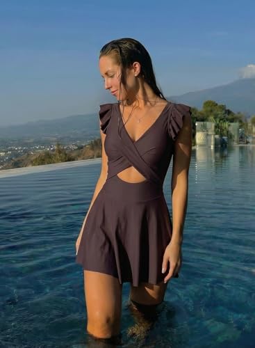 Image of Aleumdr Women's One Piece Swimsuit Ruffle Cutout Swimdress Tummy Control V Neck Wrap Swimwear