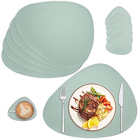AHHFSMEI Placemats Set of 6 Coasters and 6 Faux Leather Place mats Waterproof Coffee Mats Easy Clean Table Mats (Mint Green) Cover