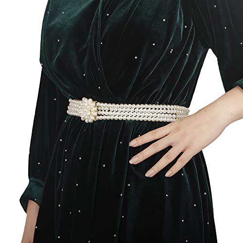 Jumwrit Elastic Pearl Belt for Women Rhinestone Big Pearl Flower Waist Chain Layered Pearl Wedding Dress Belt Sash Off White Round Pearl Bridal Belt（Style 4）2