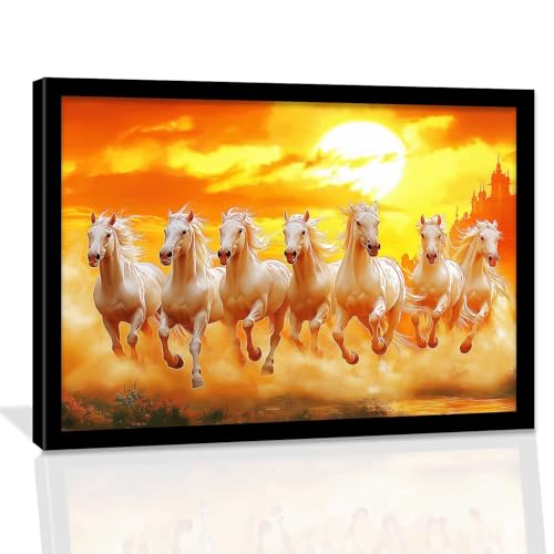 Image of HOTHOUSE Seven Running Vastu Lucky Horse Rising Sun Painting Wall Decor | 7 Horses Vastu Frame Wall Art Painting for Living Room Bedroom Office Home Decor Size (19X25 inch)