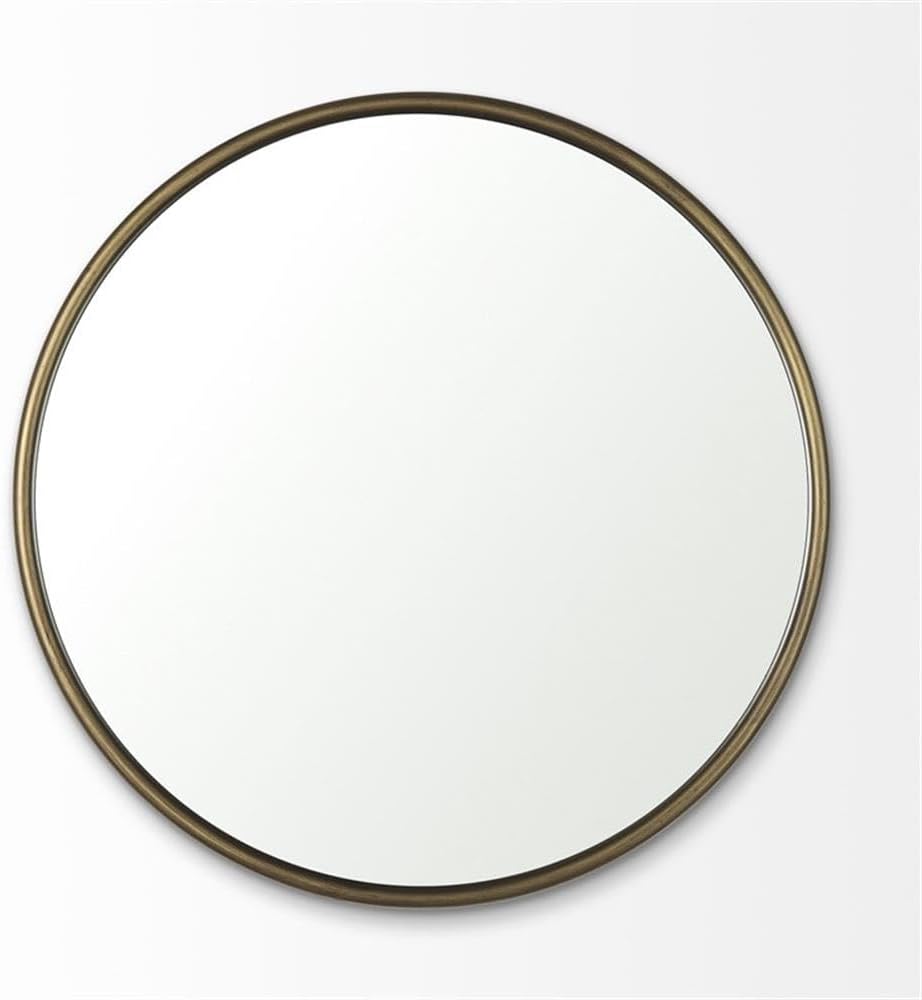 Pemberly Row Small Round Wall Mirror, 35.8 in Diameter, Metal Frame, Antique Gold Finish, Modern Decorative Mirror for Bedroom, Living Room, or Entryway