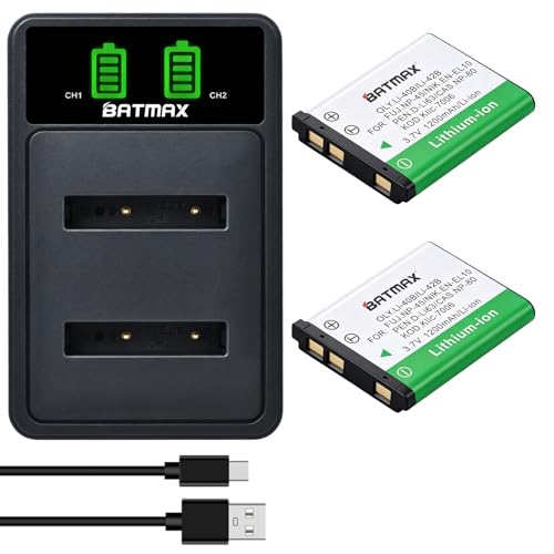 Batmax 2Pcs EN-EL10 NP-45 Li-40B Battery + Quick LED Dual Charger for Fujifilm NP 45 Nikon EN EL10 Olympus LI-42B LI-40B, Kodak KLIC-7006, Casio NP-80, Pentax D-Li63 D-Li108 Coolpix S60 S80 S200 S203