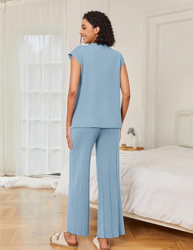 Image of Ekouaer Lounge Sets for Women Two Piece Outfits Knit Cap Sleeve Tops Wide Leg Pleated Pants Casual Dressy Sweater Sets