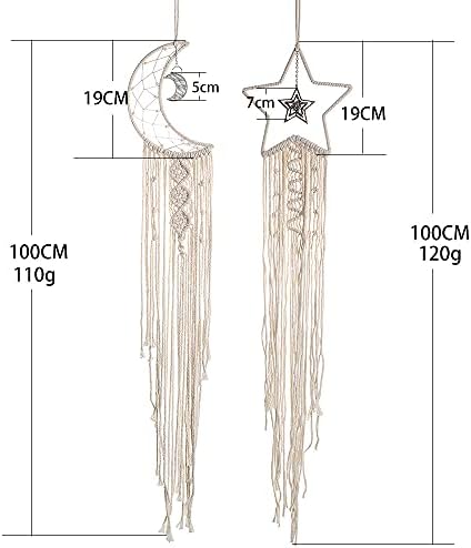 Macrame Wall Hanging with LED Light, 2 Pack Handmade Star Moon Dream Catcher Woven Wall Tapestry Bohemian Home Decor for Kids Room Wedding Party Ornaments Craft Gifts