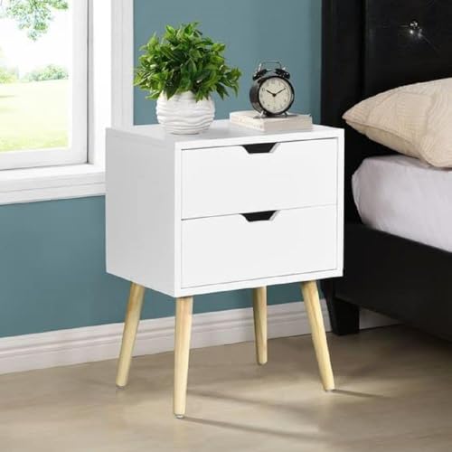 Image of Brown Art SHOPPEE 2-Drawer End Side Table with Drawer and Solid Wood Legs, Bedside Table for Bedrooms, Mid-Century Modern Drawer Storage Cabinet for Bedroom & Furniture (White)