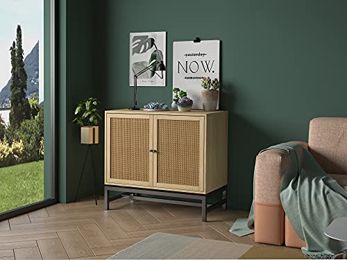 Sideboard Buffet Accent Cabinet With Natural Rattan & Iron Bracket Up To 99Lbs, Sideboard Buffet Storage Cabinet, 2-Tier Shelf 3 Adjustable Holes, For Dining Room, Living Room, Kitchen(Low Leg) #TOP2