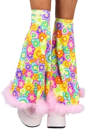 Flower Power Women’s Mesh Leg Sleeves with Retro Floral Print and Marabou Trim – Festival & Rave Outfit Accessories, Boho Statement Leg Warmers image 5