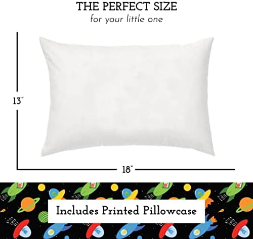 Toddler Pillow with Toddler Pillowcase (Space N Rockets) - Soft Hypoallergenic Pillow, Best Kids Travel Pillow! Better Neck Support! Nap Pillow for kids in Small Toddler Bed, Cribs, or School!