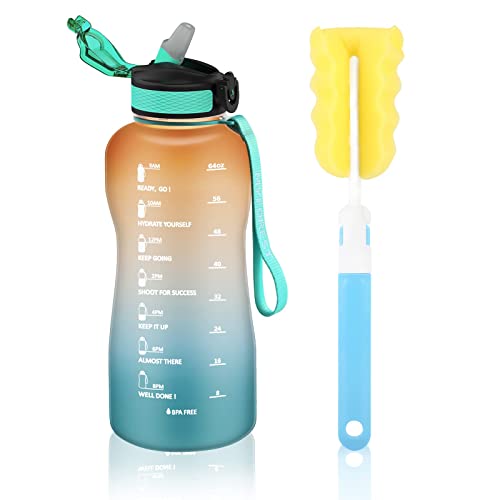 MYFOREST 74oz/2200ml Large Water Bottle, Time Marker for Motivational Hydration, Drop-proof, BPA-free, Flip Top Nozzle/Straw/Carry-Strap/Wide-Mouth for Easy Clean: Cold/Hot/Carbonated/Cider
