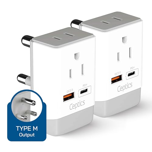 Image of Ceptics South Africa Travel 2 Pack Plug Adapter QC 3.0 & PD, Safe Dual USB & USB-C - 2 USA Socket Compact & Powerful - Use in S. Africa Botswana - Type M AP-10L - Fast Charging
