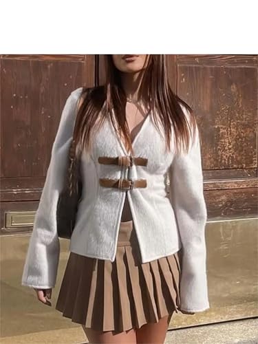 Women Double Button Leather Jacket Long Sleeve V-Neck Slim Coat Formal Elegant Office Outwear With Belt4