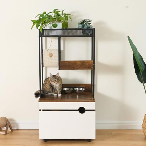 SEOCCTV Cat Litter Box Enclosure, Indoor Hidden Cat Litter Furniture with Cat Tree Tower and Shelves Scratching Pad Modern Wooden Litter Box with Cat Bowls and Storage Shelves for All Cats