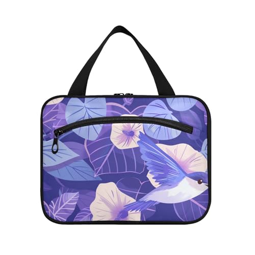 Neceser colgante de viaje con diseño de dibujos animados morados con diseño de flores y pájaros con gancho, accesorios de diseñador para artículos esenciales de viaje para mujeres, gimnasio, perfume