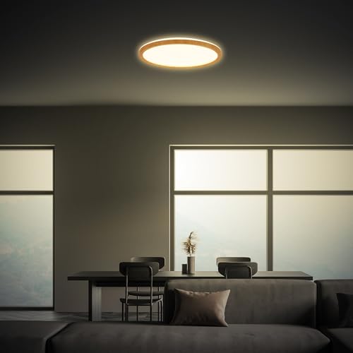 BRILONER - LED Deckenlampe mit indirektem Licht, flach, warmweißes Licht, Lampe, Deckenleuchte, Wohnzimmerlampe, LED Panel, Küchenlampe, Schlafzimmerlampe, 29x3 cm, Rahmen in Holzoptik