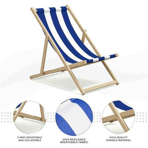 Oxford Fabric Blue Stripe Sun Lounger - Traditional Wooden Folding Deck Chair - Adults Garden & Seaside - 5
