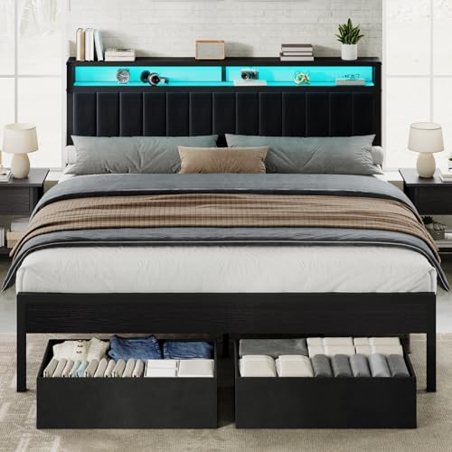 Image of AMERLIFE King Bed Frame with LED Lights & 2-Tier Storage Headboard | Black, 2 Storage Drawers, Metal Platform Frame, Velvet Upholstery, Heavy-Duty Slats, No Box Spring, Easy Assembly