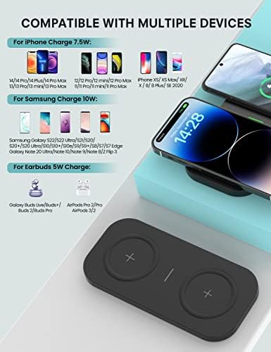JoyGeek Dual Wireless Charger, 2 in 1 Wireless Charging Pad Mat for iPhone 14/13/12/11/Pro/Pro max/XS/SE/8, 10W Wireless Phone Charger Pad for Samsung Galaxy S22 S21/S20/AirPods 2/Pro, with Adapter