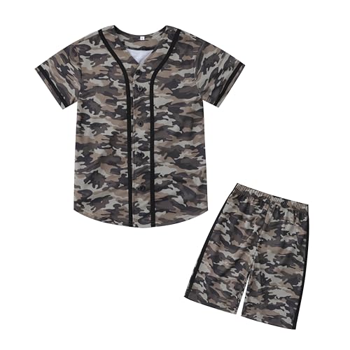 Image of Boys Camouflage Short Sleeve T-Shirt and Shorts Set 2 Piece Summer Camo Baseball Clothes Outfit for Kids Ages 2-14