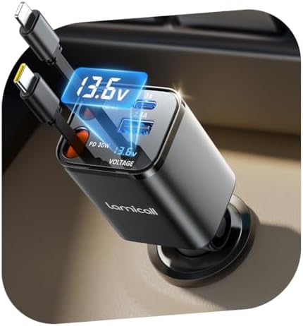 Lamicall 4 IN 1 Zigarettenanzünder USB C Ladegerät Auto Schnellladegerät | [50% Kleiner][Spannungsanzeige] 69W USB Adapter Auto mit einziehbarem Typ-C Kabel, 24/12V KFZ Ladegerät f