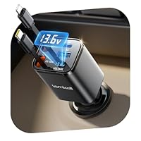 Lamicall 4 IN 1 Zigarettenanzünder USB C Auto Ladegerät - [50% Kleiner] [Spannung-Anzeige] 69W USB Adapter Auto Schnellladegerät mit einziehbarem Typ-C Kabel, 24/12V KFZ Ladegerät für iPhone/Samsung