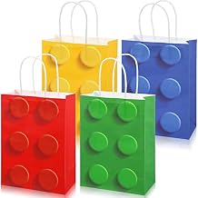 Sabary 24 Pcs Building Block Party Favor Gift Bags, Bricks Candy Treat Paper Bags, Gift Goodie Bag with Handle for Building Block Birthday Party Baby Shower Decoration Supplies
